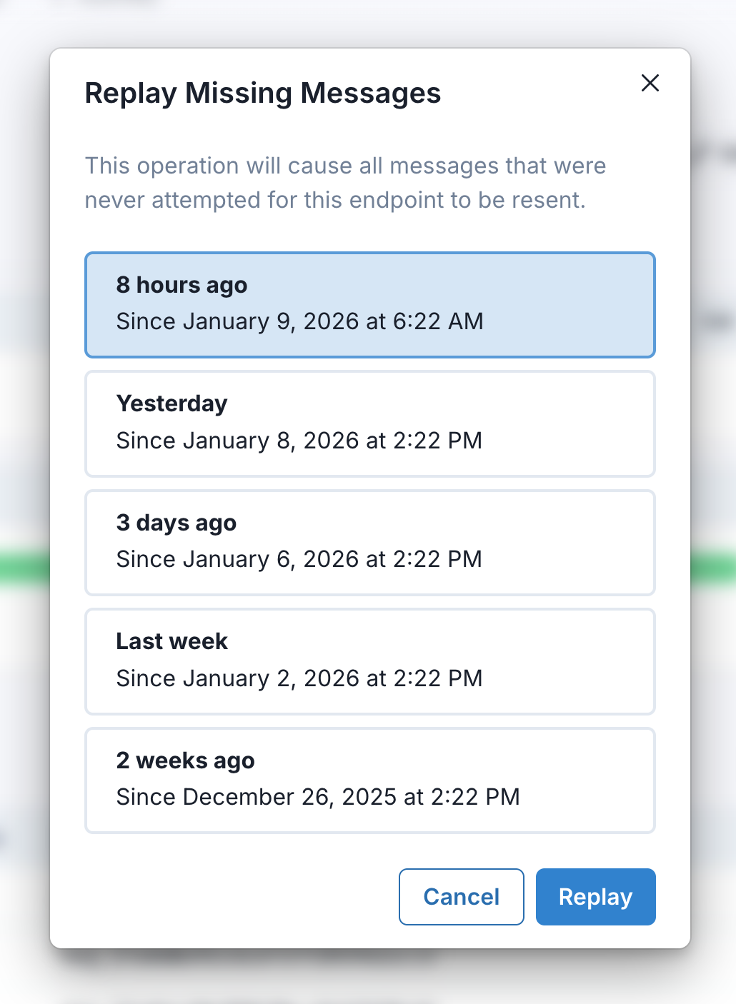 Replay missing messages dialog